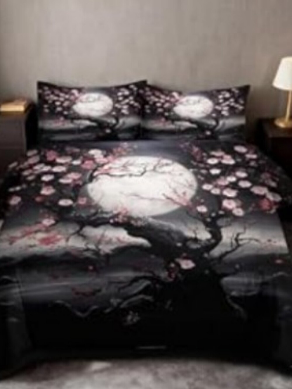 NEW Gothic Cherry Blossom Full Moon Duvet Cover Set - Black/Pink Boho Aesthetic